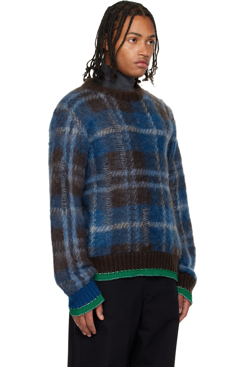 Brushed knit mohair-blend sweater. 

· Distressing and check pattern throughout 
· Rib-knit crewneck, hem, and cuffs
· Dropped shoulders 
· Blanket stitching at hem and cuffs

Supplier color: Brown/Blue