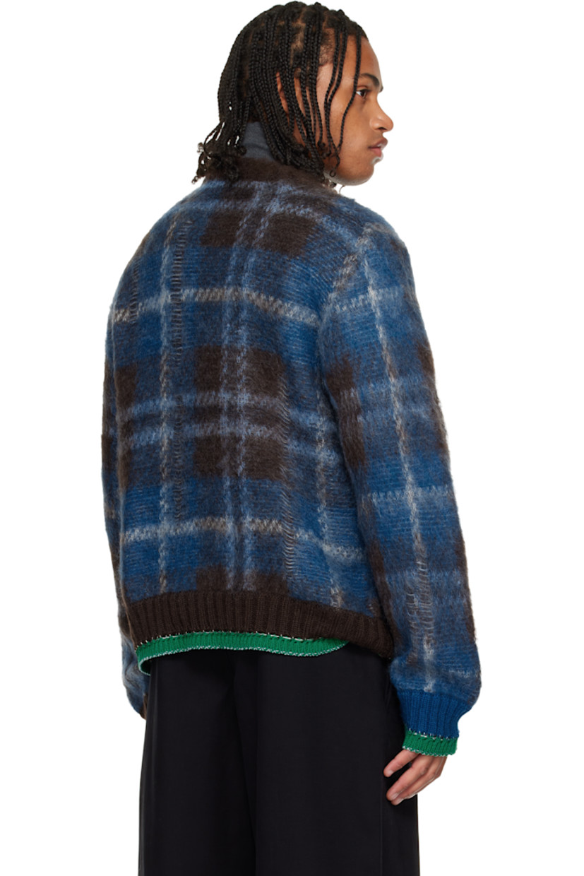 Brushed knit mohair-blend sweater. 

· Distressing and check pattern throughout 
· Rib-knit crewneck, hem, and cuffs
· Dropped shoulders 
· Blanket stitching at hem and cuffs

Supplier color: Brown/Blue