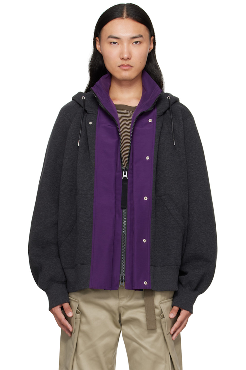 Double-faced cotton-blend fleece and grosgrain hoodie. 

· Paneled construction 
· Drawstring and stand collar at hood
· Concealed two-way zip closure
· Press-stud placket 
· Patch pockets at waist
· Rib-knit hem and cuffs 

Supplier color: C/Gray