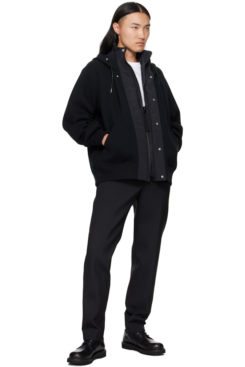 Double-faced cotton-blend fleece and grosgrain hoodie. 

· Paneled construction 
· Drawstring and stand collar at hood
· Concealed two-way zip closure
· Press-stud placket 
· Patch pockets at waist
· Rib-knit hem and cuffs 

Supplier color: Black