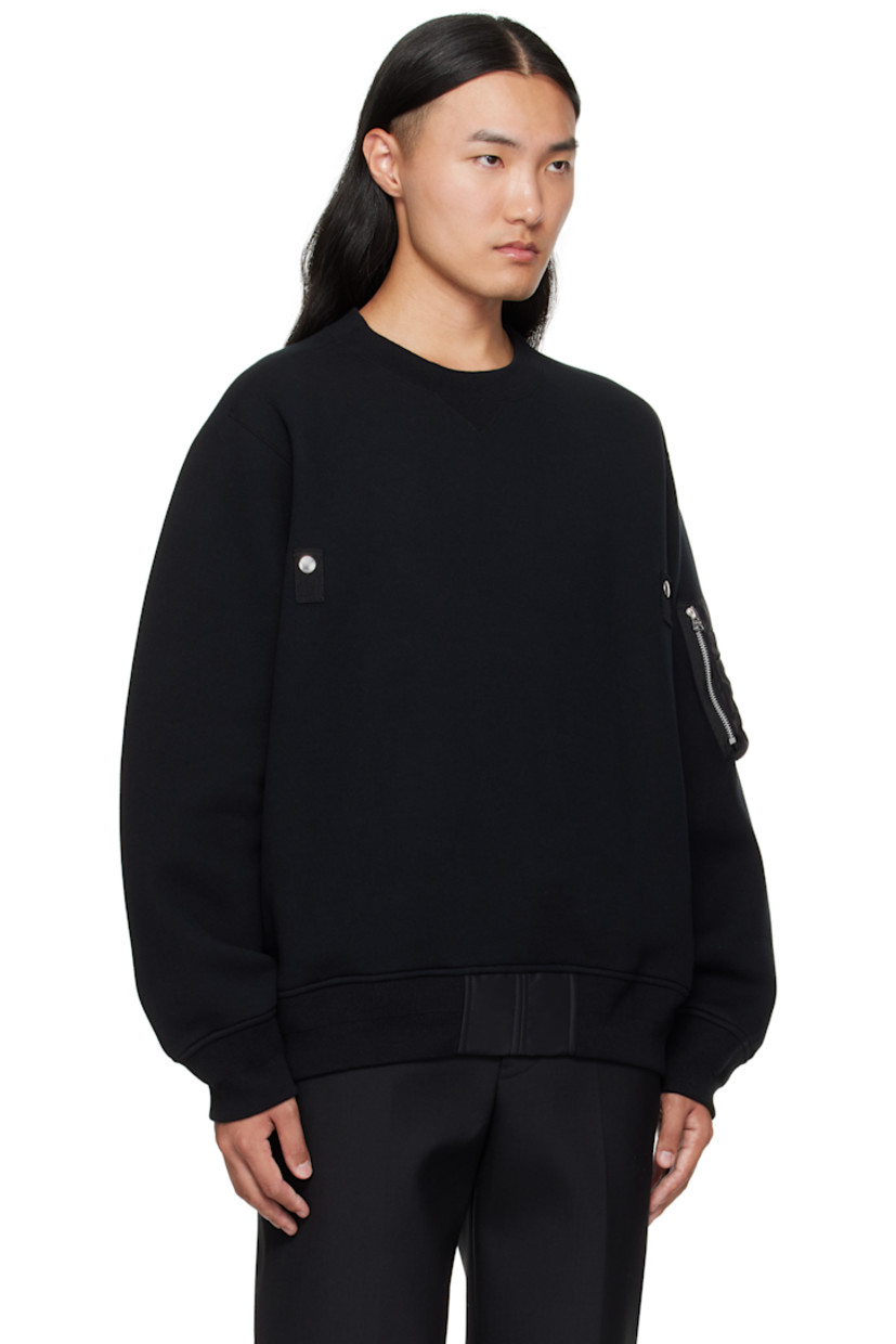 Double-faced cotton-blend fleece sweater. 

· Rib-knit crewneck, hem, and cuffs 
· Logo-engraved press-stud tab at chest
· Nylon twill trim at front hem 
· Dropped shoulders
· Utility pocket and pen slots at sleeve

Supplier color: Black