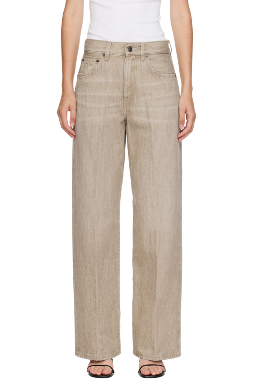 Wide straight-leg non-stretch denim jeans. 

· Fading and whiskering throughout 
· Mid-rise 
· Belt loops 
· Five-pocket styling
· Leather logo patch at back waistband 

Supplier color: Sanded quartz