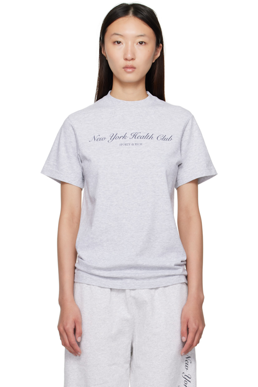 Cotton-blend jersey T-shirt.

· Pre-shrunk
· Rib-knit crewneck
· Logo and text printed at chest

Supplier color: Heather Gray/Navy