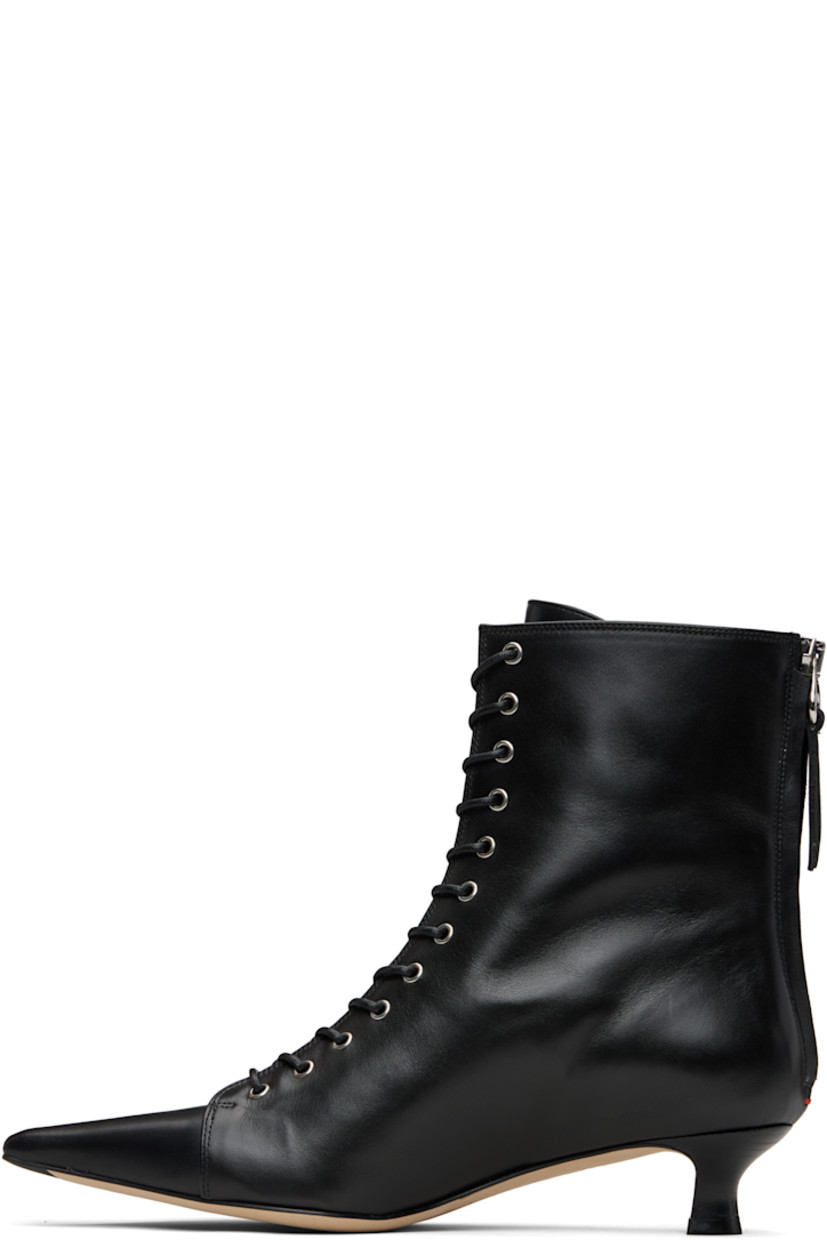 Ankle-high buffed calfskin boots. 

· Pointed toe 
· Lace-up closure at vamp
· Zip closure at back
· Red stitch at heel tab
· Stacked leather kitten heel 
· Nubuck sole with rubber injections 
· Heel: H1.5"

Supplier color: Black