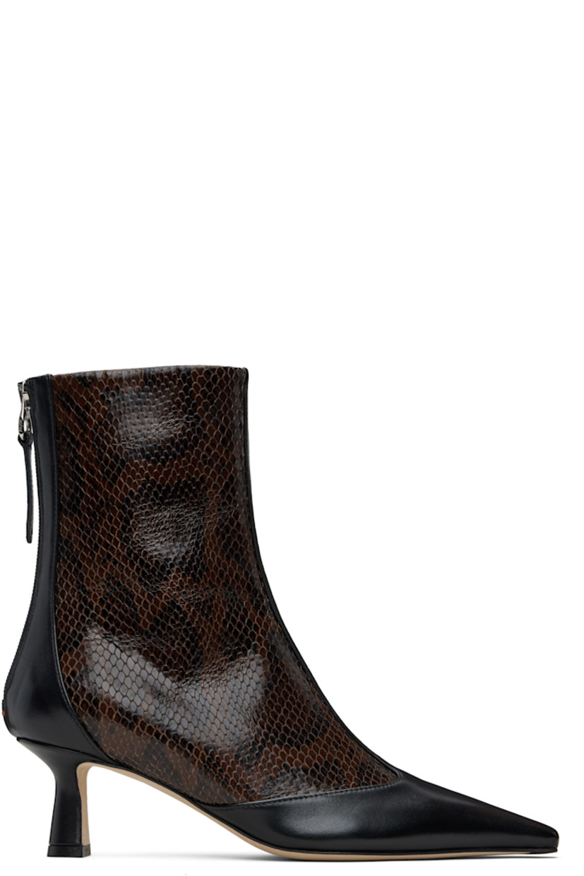 Ankle-high paneled snakeskin-embossed calfskin and grained leather boots. 

· Pointed toe
· Zip closure at back
· Red stitch at heel counter  
· Lambskin lining
· Covered spool heel 
· Nubuck sole with rubber injections 
· Heel: H2.5"

Supplier color: Moka/Black snake/Nappa