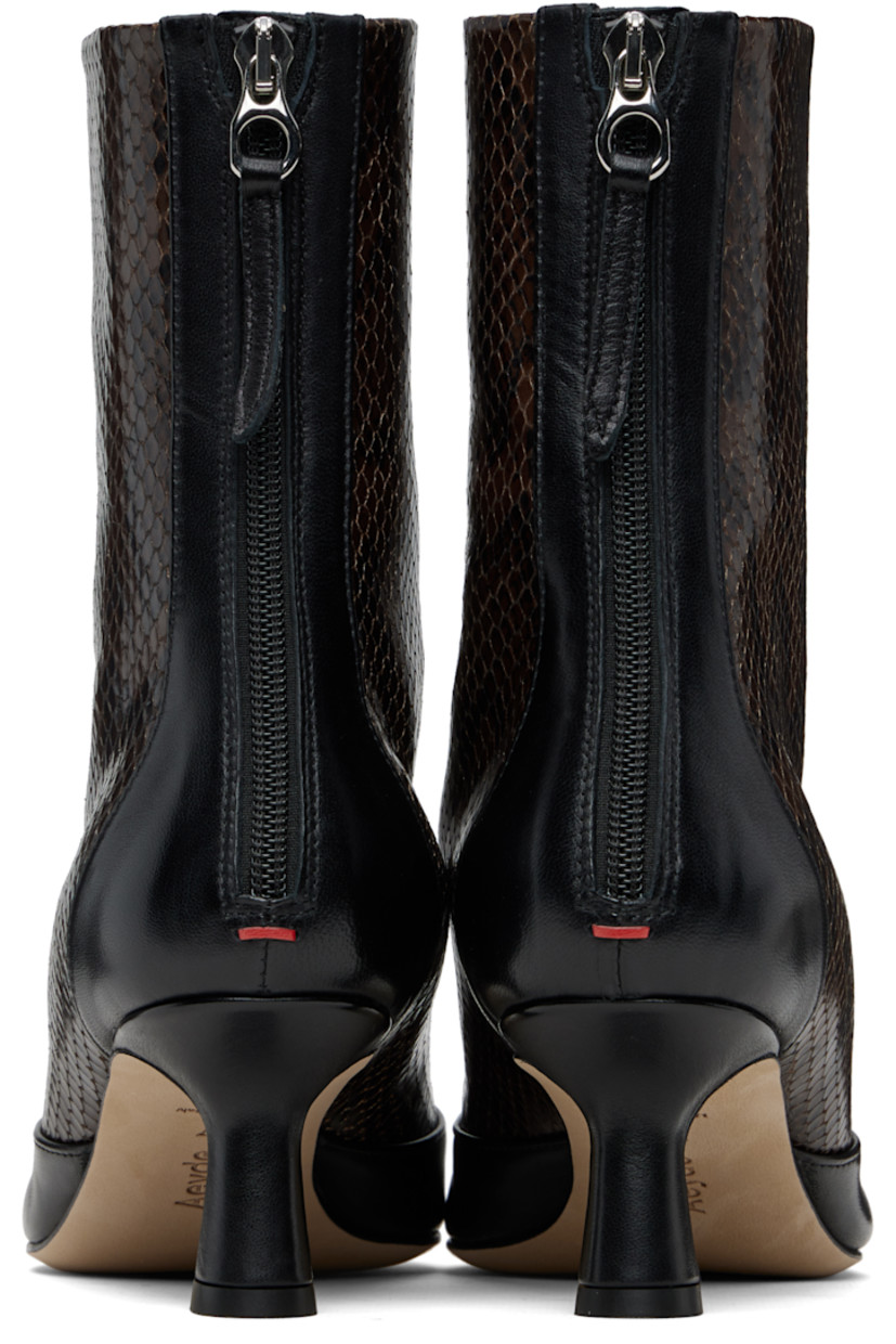 Ankle-high paneled snakeskin-embossed calfskin and grained leather boots. 

· Pointed toe
· Zip closure at back
· Red stitch at heel counter  
· Lambskin lining
· Covered spool heel 
· Nubuck sole with rubber injections 
· Heel: H2.5"

Supplier color: Moka/Black snake/Nappa