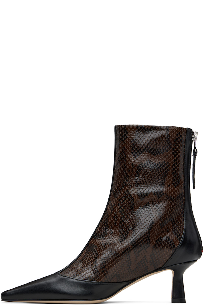 Ankle-high paneled snakeskin-embossed calfskin and grained leather boots. 

· Pointed toe
· Zip closure at back
· Red stitch at heel counter  
· Lambskin lining
· Covered spool heel 
· Nubuck sole with rubber injections 
· Heel: H2.5"

Supplier color: Moka/Black snake/Nappa