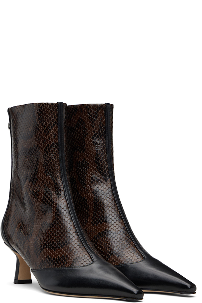 Ankle-high paneled snakeskin-embossed calfskin and grained leather boots. 

· Pointed toe
· Zip closure at back
· Red stitch at heel counter  
· Lambskin lining
· Covered spool heel 
· Nubuck sole with rubber injections 
· Heel: H2.5"

Supplier color: Moka/Black snake/Nappa