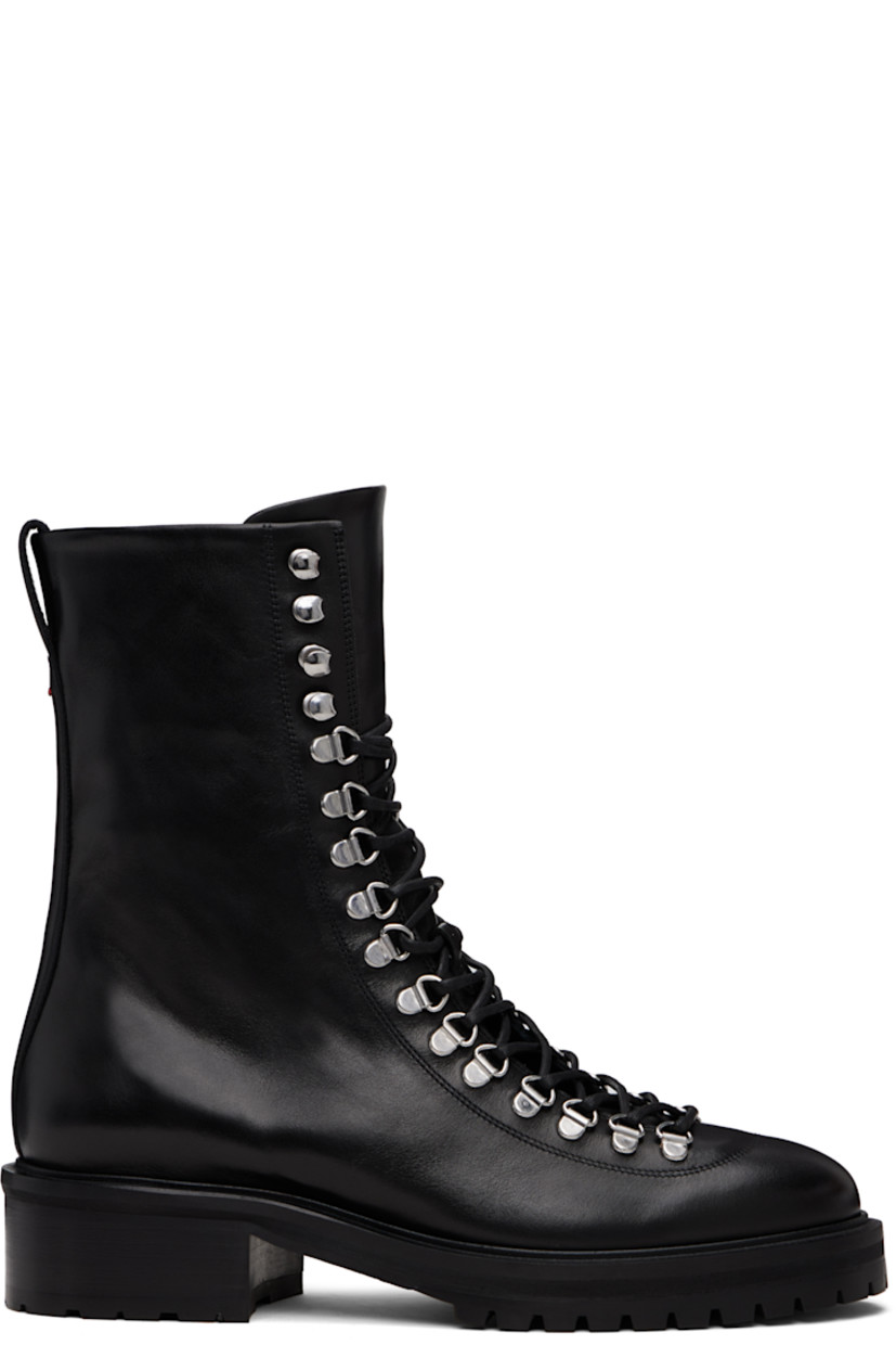 Ankle-high buffed calfskin boots.

· Lace-up closure
· Zip closure at inner side
· Pull-loop and red stitch at heel collar
· Buffed leather lining
· Stacked leather and rubber midsole and block heel
· Treaded rubber sole
· Silver-tone hardware
· Heel: H1.5"

Supplier color: Black
