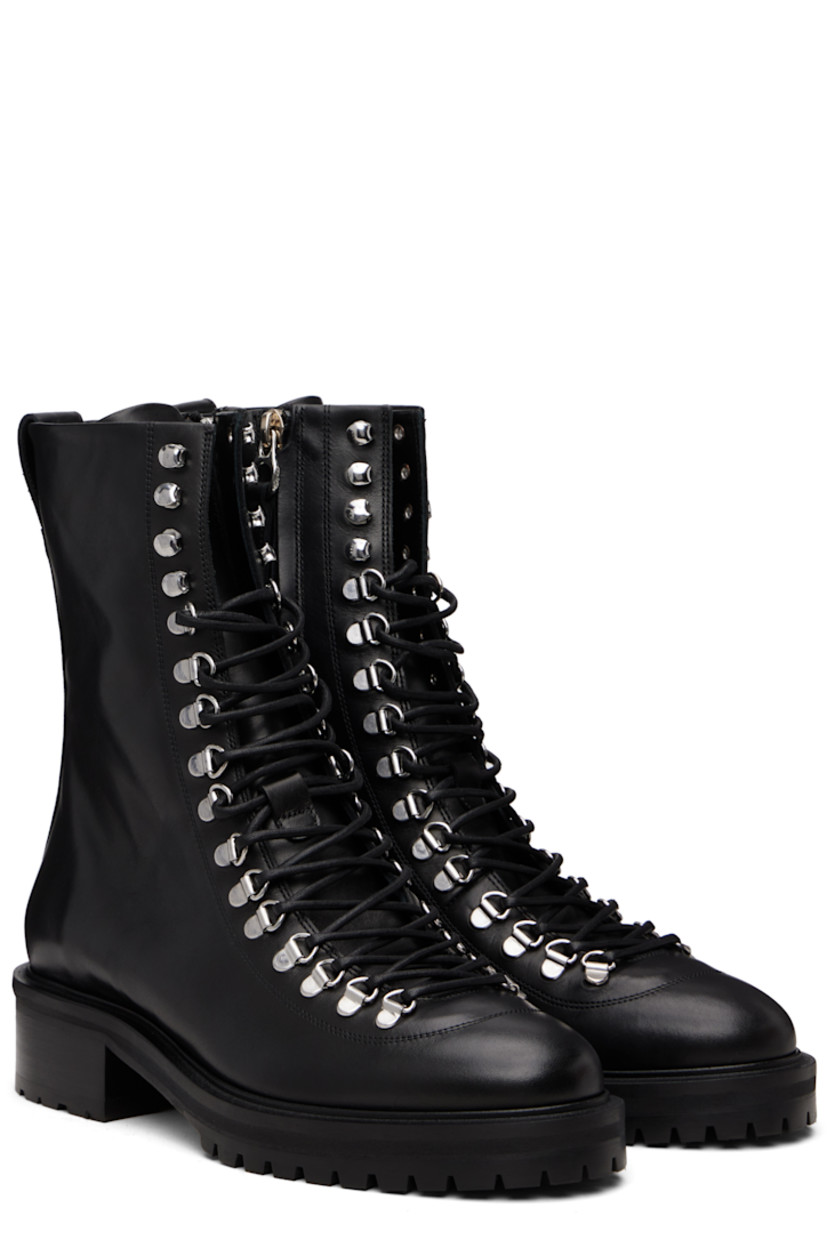Ankle-high buffed calfskin boots.

· Lace-up closure
· Zip closure at inner side
· Pull-loop and red stitch at heel collar
· Buffed leather lining
· Stacked leather and rubber midsole and block heel
· Treaded rubber sole
· Silver-tone hardware
· Heel: H1.5"

Supplier color: Black