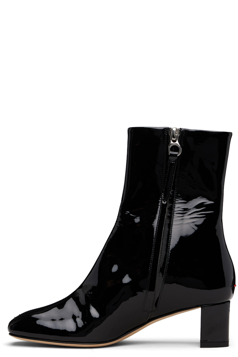 Ankle-high patent calfskin boots.

· Square toe
· Central seam at vamp
· Zip closure at inner side
· Red stitch at heel
· Buffed leather lining
· Covered block heel with rubber injection
· Leather sole
· Heel: H1.75"

Supplier color: Black