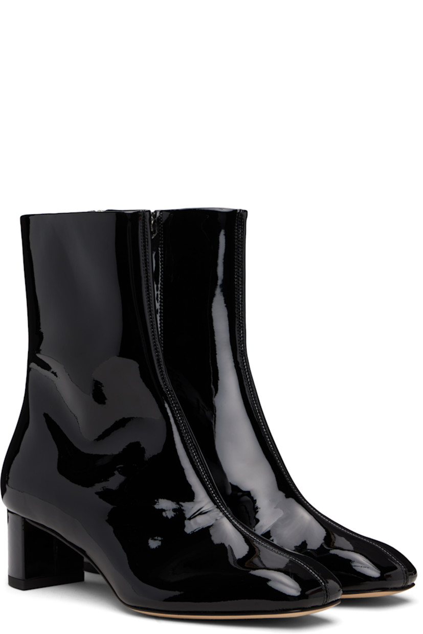 Ankle-high patent calfskin boots.

· Square toe
· Central seam at vamp
· Zip closure at inner side
· Red stitch at heel
· Buffed leather lining
· Covered block heel with rubber injection
· Leather sole
· Heel: H1.75"

Supplier color: Black