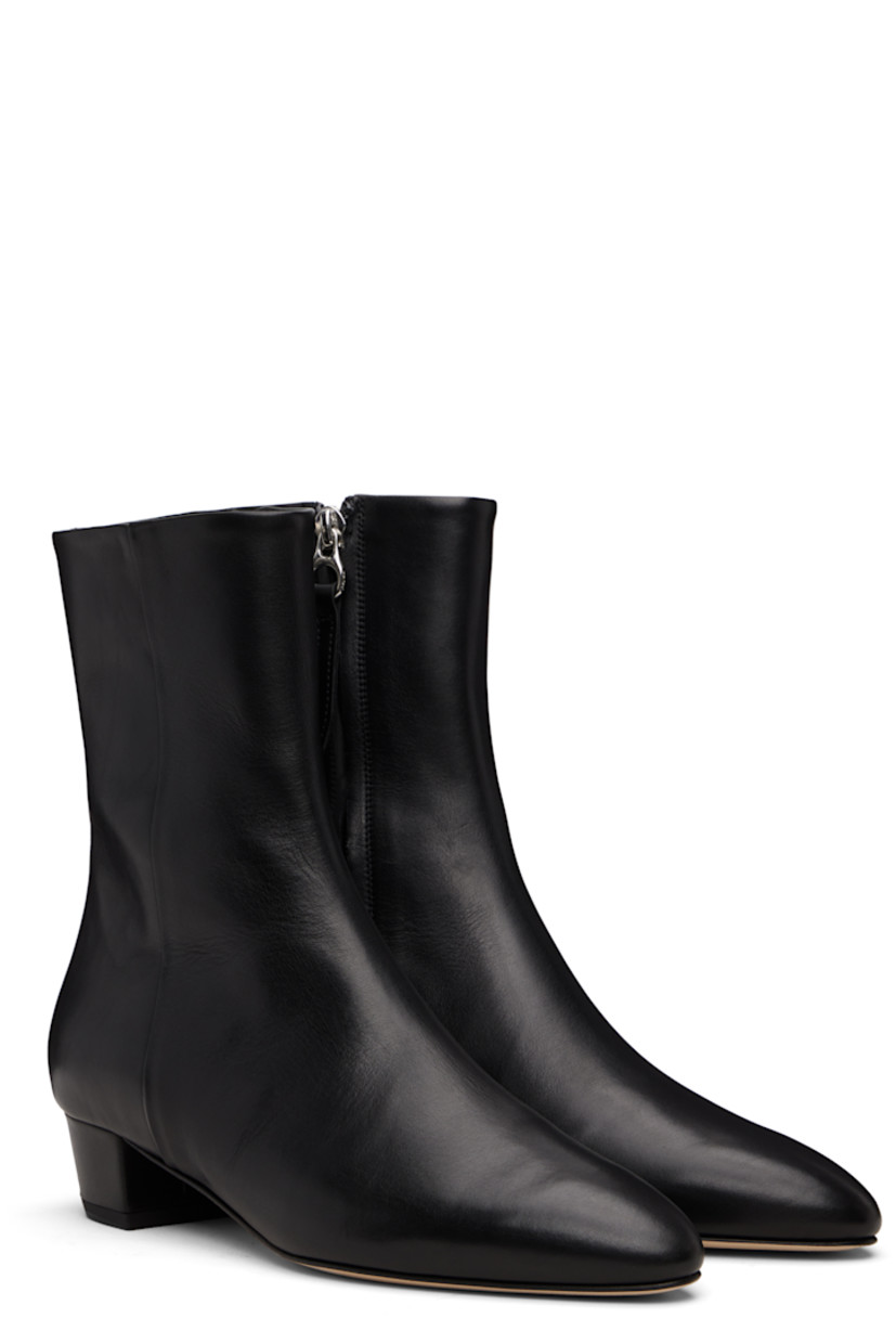 Ankle-high buffed calfskin boots.

· Almond toe
· Zip closure at inner side
· Red stitch at heel
· Buffed leather lining
· Covered block heel with rubber injection
· Leather sole
· Heel: H1.25"

Supplier color: Black