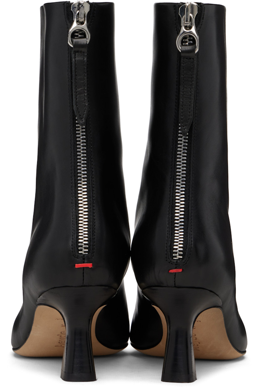 Ankle-high buffed calfskin boots.

· Pointed square toe
· Central seam at vamp
· Zip closure and red stitch at heel
· Buffed leather lining
· Stacked leather heel with rubber injection
· Leather sole
· Heel: H2.25"

Supplier color: Black