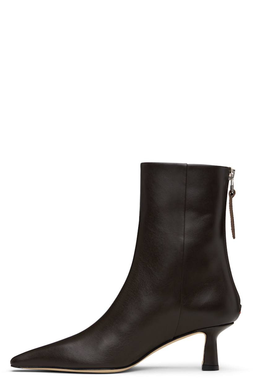 Ankle-high buffed calfskin boots.

· Pointed toe
· Zip closure and red stitch at heel
· Buffed leather lining
· Covered kitten heel
· Leather sole with rubber injections
· Heel: H2"

Supplier color: Moka