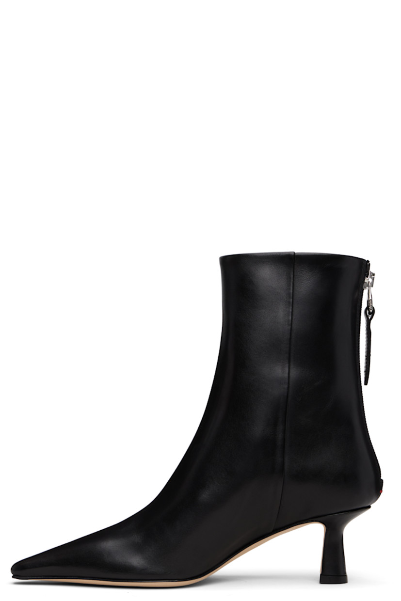 Ankle-high buffed calfskin boots.

· Pointed toe
· Zip closure and red stitch at heel
· Buffed leather lining
· Covered kitten heel
· Leather sole with rubber injections
· Heel: H2"

Supplier color: Black