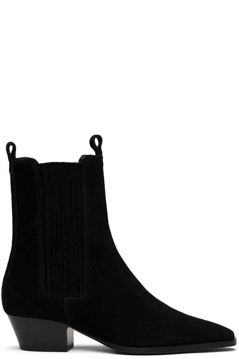Ankle-high suede Chelsea boots.

· Pointed square toe
· Pull-loops at collar
· Elasticized gusset at sides
· Red stitch at heel collar
· Buffed leather lining
· Stacked leather block heel
· Leather sole with rubber injections
· Heel: H1.5"

Supplier color: Black