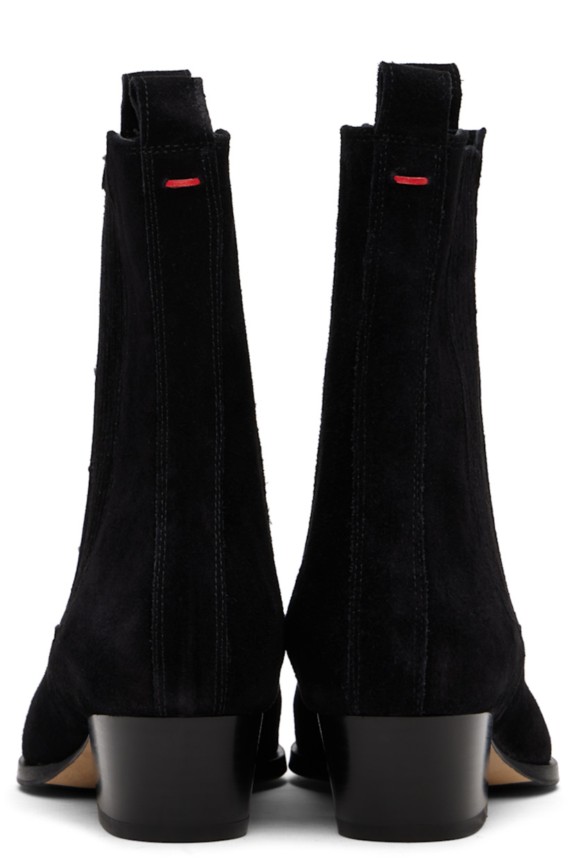 Ankle-high suede Chelsea boots.

· Pointed square toe
· Pull-loops at collar
· Elasticized gusset at sides
· Red stitch at heel collar
· Buffed leather lining
· Stacked leather block heel
· Leather sole with rubber injections
· Heel: H1.5"

Supplier color: Black