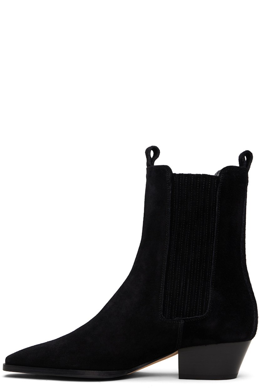 Ankle-high suede Chelsea boots.

· Pointed square toe
· Pull-loops at collar
· Elasticized gusset at sides
· Red stitch at heel collar
· Buffed leather lining
· Stacked leather block heel
· Leather sole with rubber injections
· Heel: H1.5"

Supplier color: Black