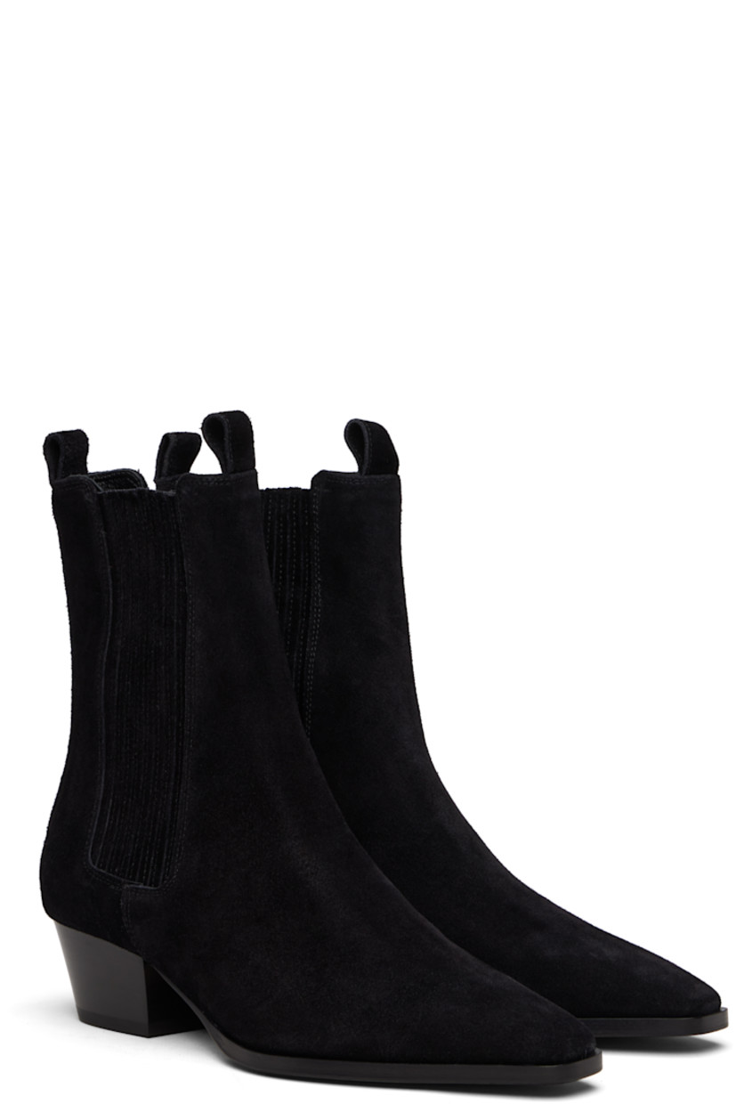 Ankle-high suede Chelsea boots.

· Pointed square toe
· Pull-loops at collar
· Elasticized gusset at sides
· Red stitch at heel collar
· Buffed leather lining
· Stacked leather block heel
· Leather sole with rubber injections
· Heel: H1.5"

Supplier color: Black