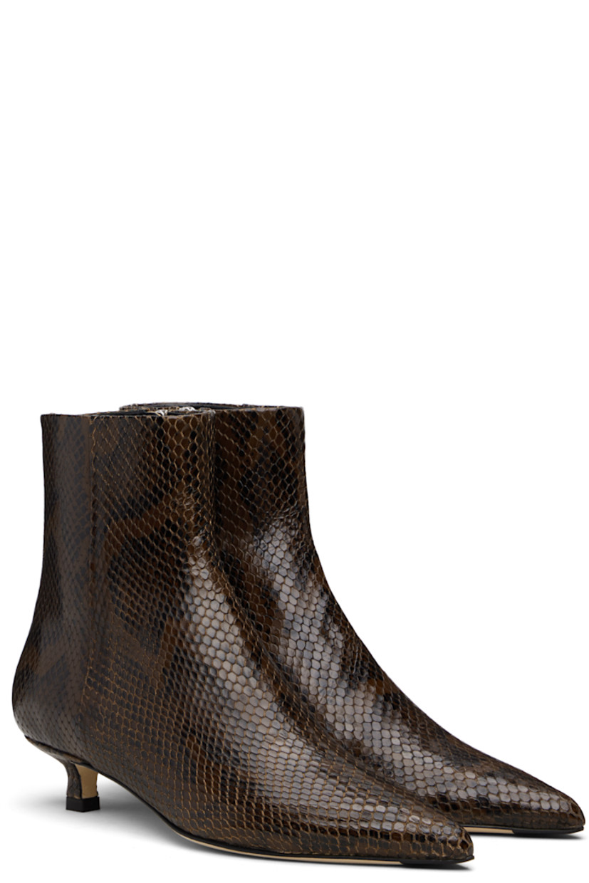 Ankle-high snake-embossed calfskin boots.

· Pointed toe
· Zip closure at inner side
· Red stitch at heel collar
· Buffed lambskin lining
· Covered kitten heel
· Leather sole with rubber injections
· Heel: H1"

Supplier color: Moka