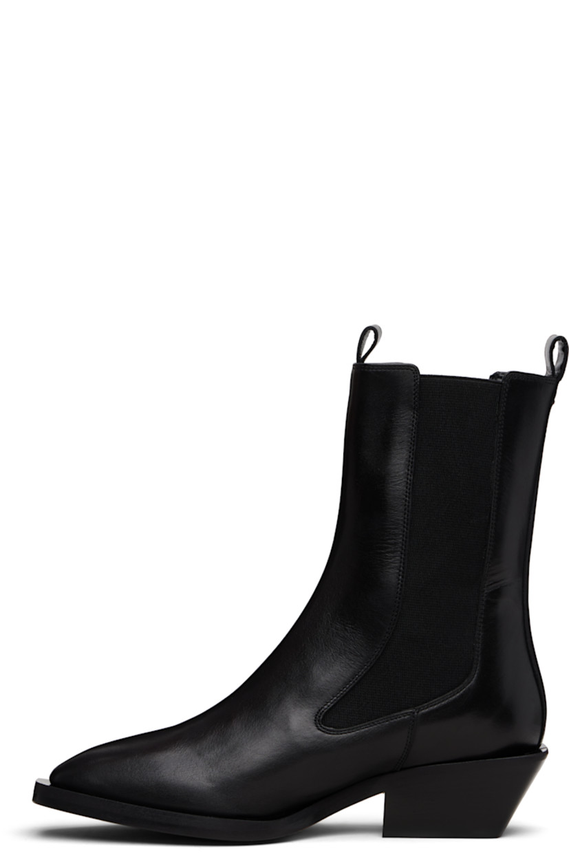Ankle-high buffed calfskin Chelsea boots.

· Square toe
· Pull-loops at collar
· Elasticized gusset at sides
· Red stitch at heel collar
· Buffed leather lining
· Stacked leather block heel
· Smooth rubber sole
· Heel: H1.75"

Supplier color: Black