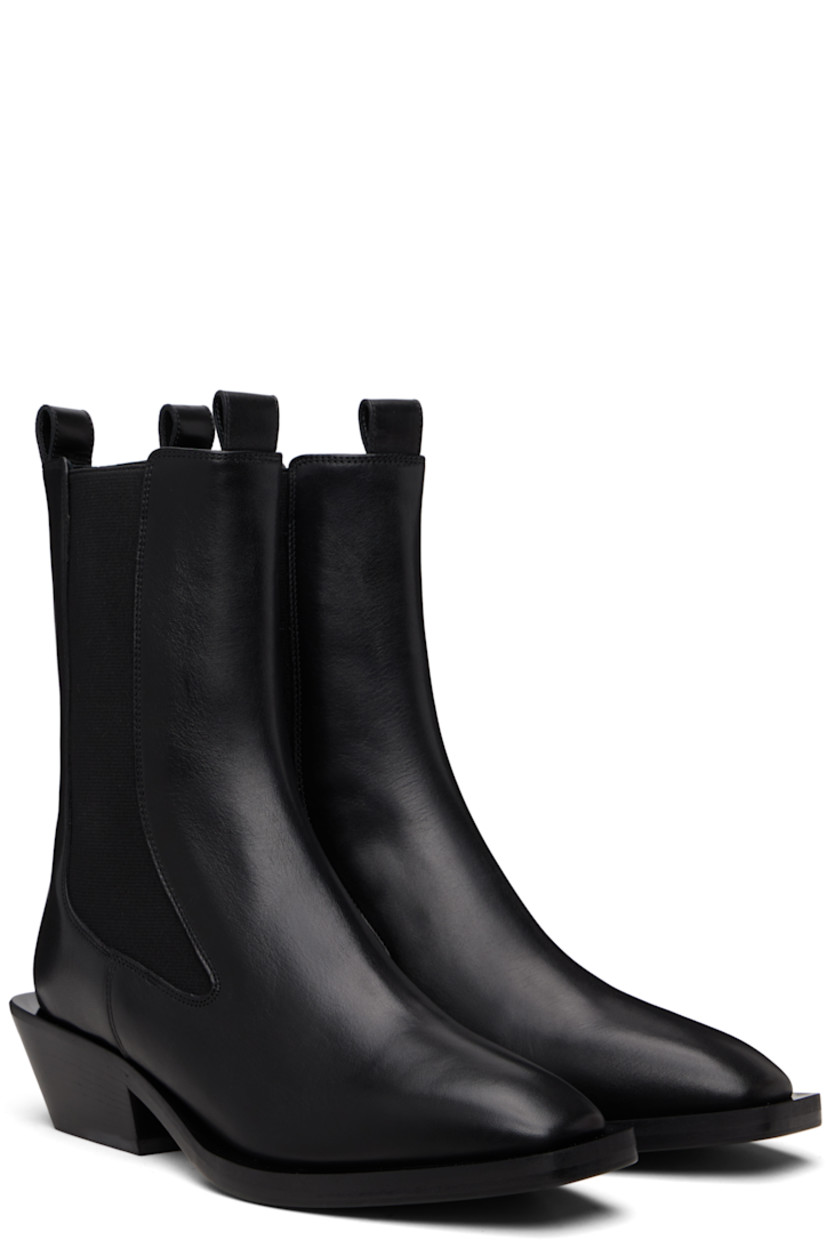 Ankle-high buffed calfskin Chelsea boots.

· Square toe
· Pull-loops at collar
· Elasticized gusset at sides
· Red stitch at heel collar
· Buffed leather lining
· Stacked leather block heel
· Smooth rubber sole
· Heel: H1.75"

Supplier color: Black