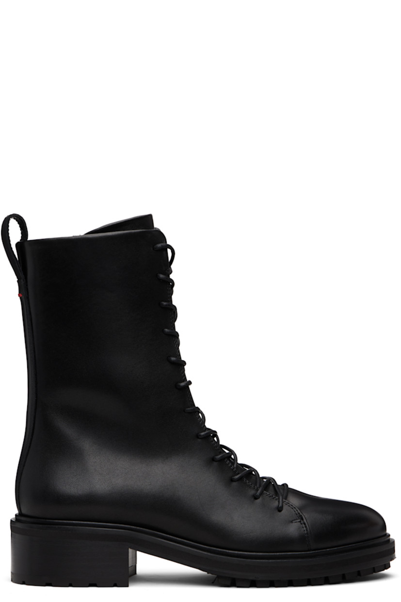 Ankle-high buffed Polido calfskin boots.

· Lace-up closure
· Zip closure at inner side
· Pull-loop and red stitch at heel collar
· Buffed lambskin lining
· Stacked leather and rubber midsole and block heel
· Treaded rubber sole
· Heel: H1.5"

Supplier color: Black calf