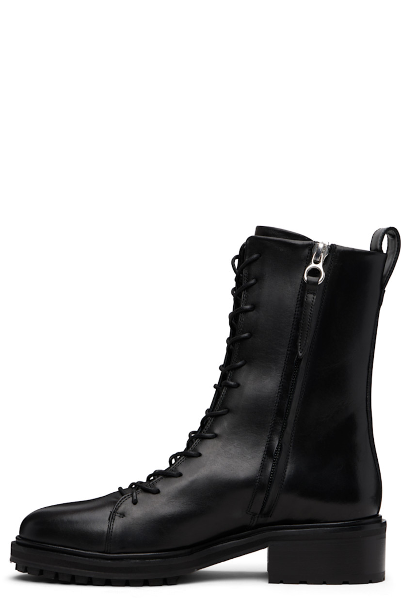 Ankle-high buffed Polido calfskin boots.

· Lace-up closure
· Zip closure at inner side
· Pull-loop and red stitch at heel collar
· Buffed lambskin lining
· Stacked leather and rubber midsole and block heel
· Treaded rubber sole
· Heel: H1.5"

Supplier color: Black calf