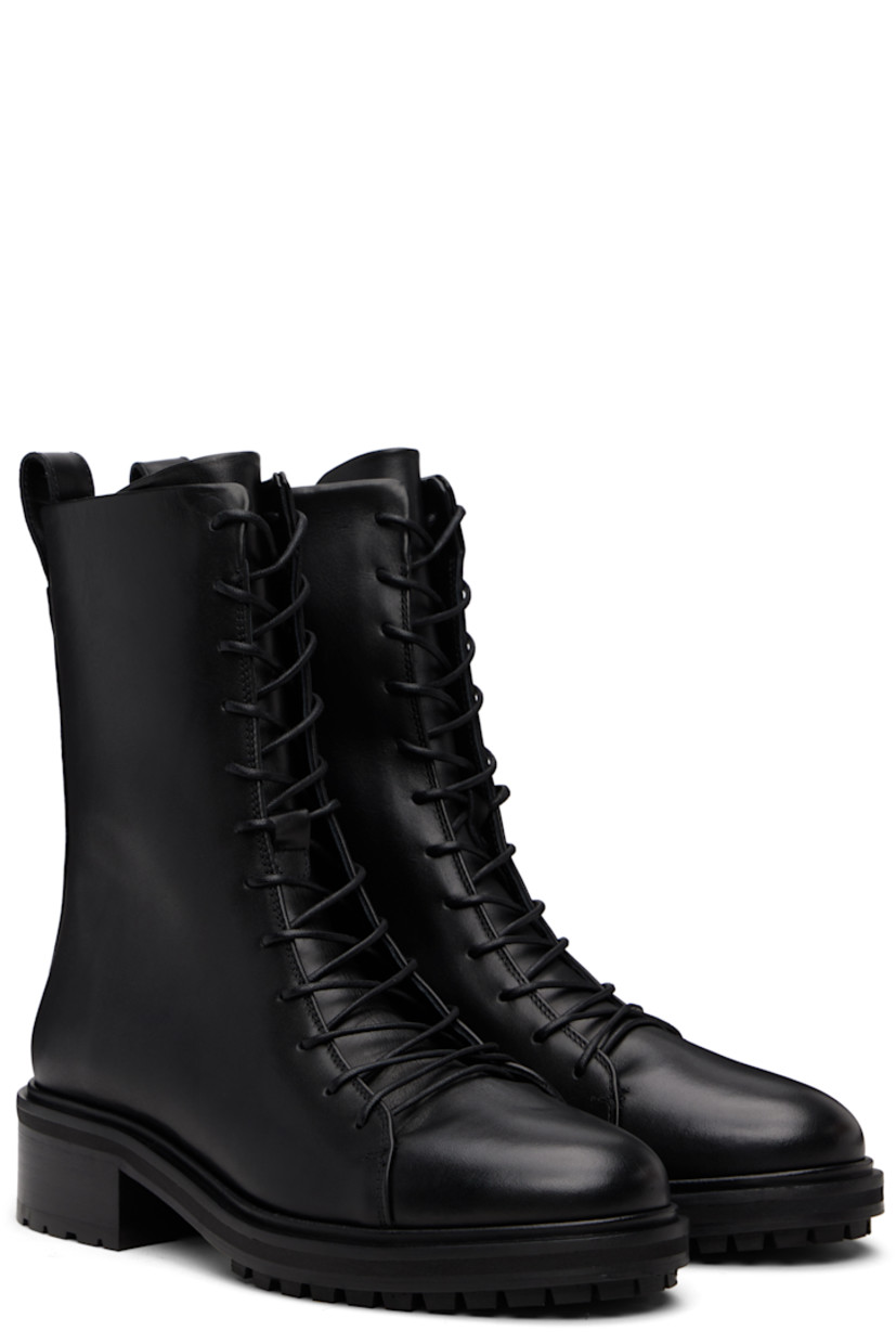 Ankle-high buffed Polido calfskin boots.

· Lace-up closure
· Zip closure at inner side
· Pull-loop and red stitch at heel collar
· Buffed lambskin lining
· Stacked leather and rubber midsole and block heel
· Treaded rubber sole
· Heel: H1.5"

Supplier color: Black calf