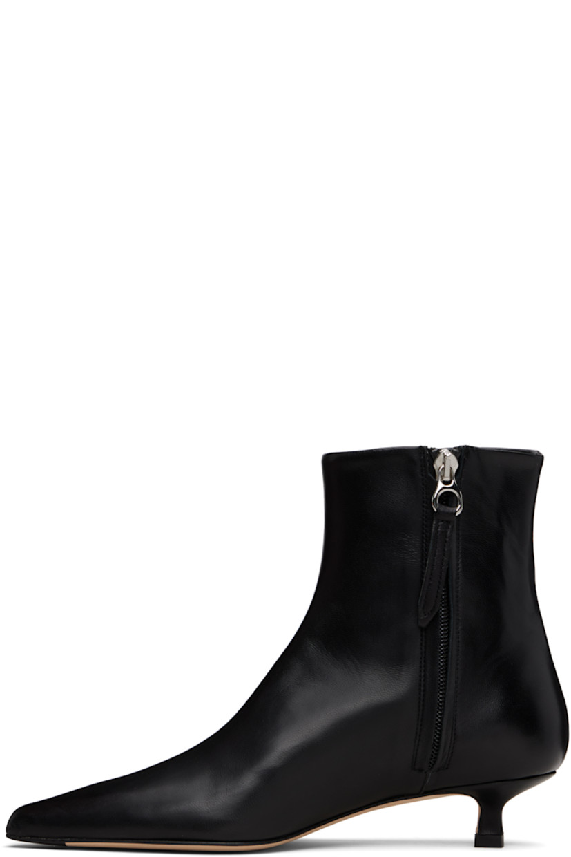 Ankle-high buffed nappa leather boots.

· Pointed toe
· Zip closure at inner side
· Red stitch at heel collar
· Buffed lambskin lining
· Covered kitten heel
· Leather sole with rubber injections
· Heel: H1"

Supplier color: Black nappa