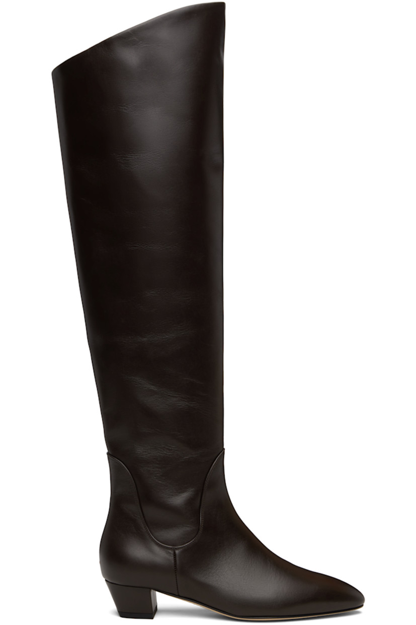 Knee-high buffed calfskin boots.

· Almond toe
· Zip closure at inner side
· Red stitch at heel counter
· Buffed leather lining
· Block heel with rubber injection
· Leather sole
· Heel: H1.5"

Supplier color: Moka