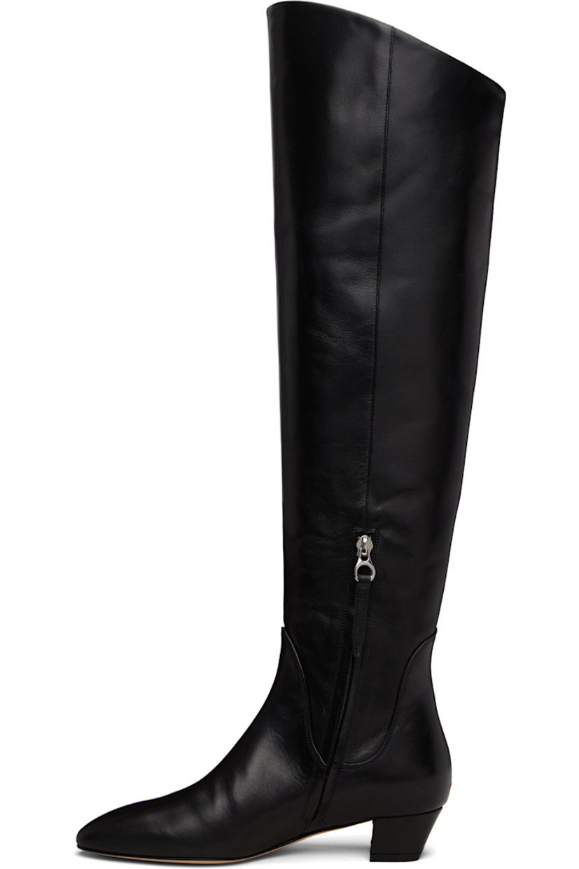 Knee-high buffed calfskin boots.

· Almond toe
· Zip closure at inner side
· Red stitch at heel counter
· Buffed leather lining
· Block heel with rubber injection
· Leather sole
· Heel: H1.5"

Supplier color: Black