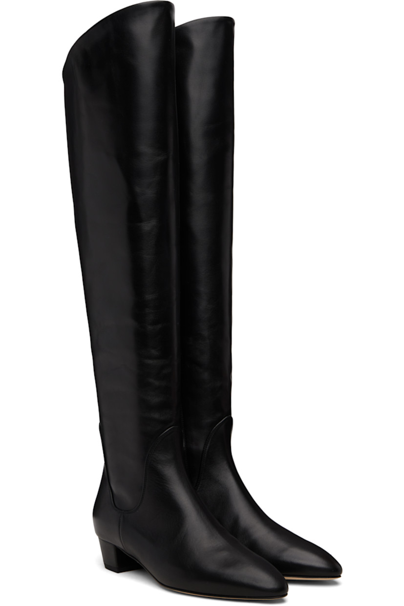 Knee-high buffed calfskin boots.

· Almond toe
· Zip closure at inner side
· Red stitch at heel counter
· Buffed leather lining
· Block heel with rubber injection
· Leather sole
· Heel: H1.5"

Supplier color: Black