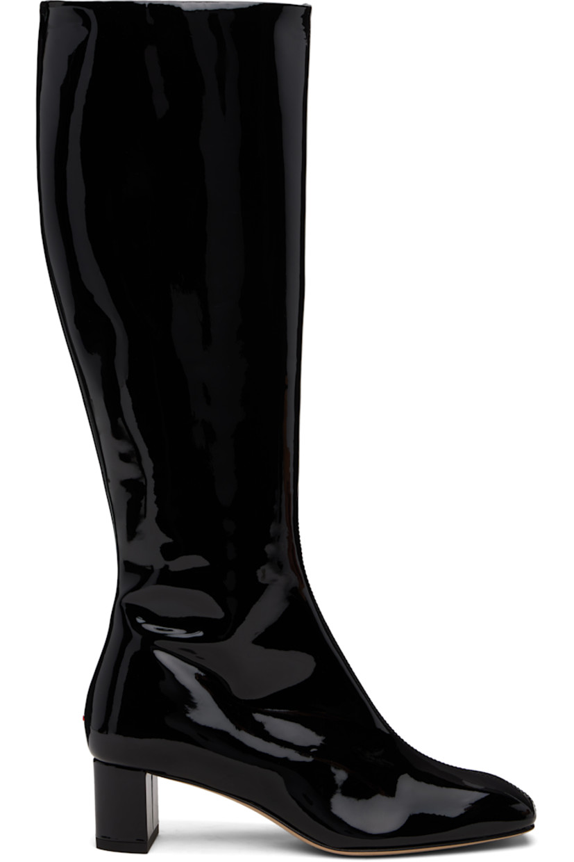 Knee-high patent calfskin boots.

· Square toe
· Central seam at vamp
· Zip closure at inner side
· Red stitch at heel
· Buffed leather lining
· Block heel with rubber injection
· Leather sole
· Heel: H1.75"

Supplier color: Black