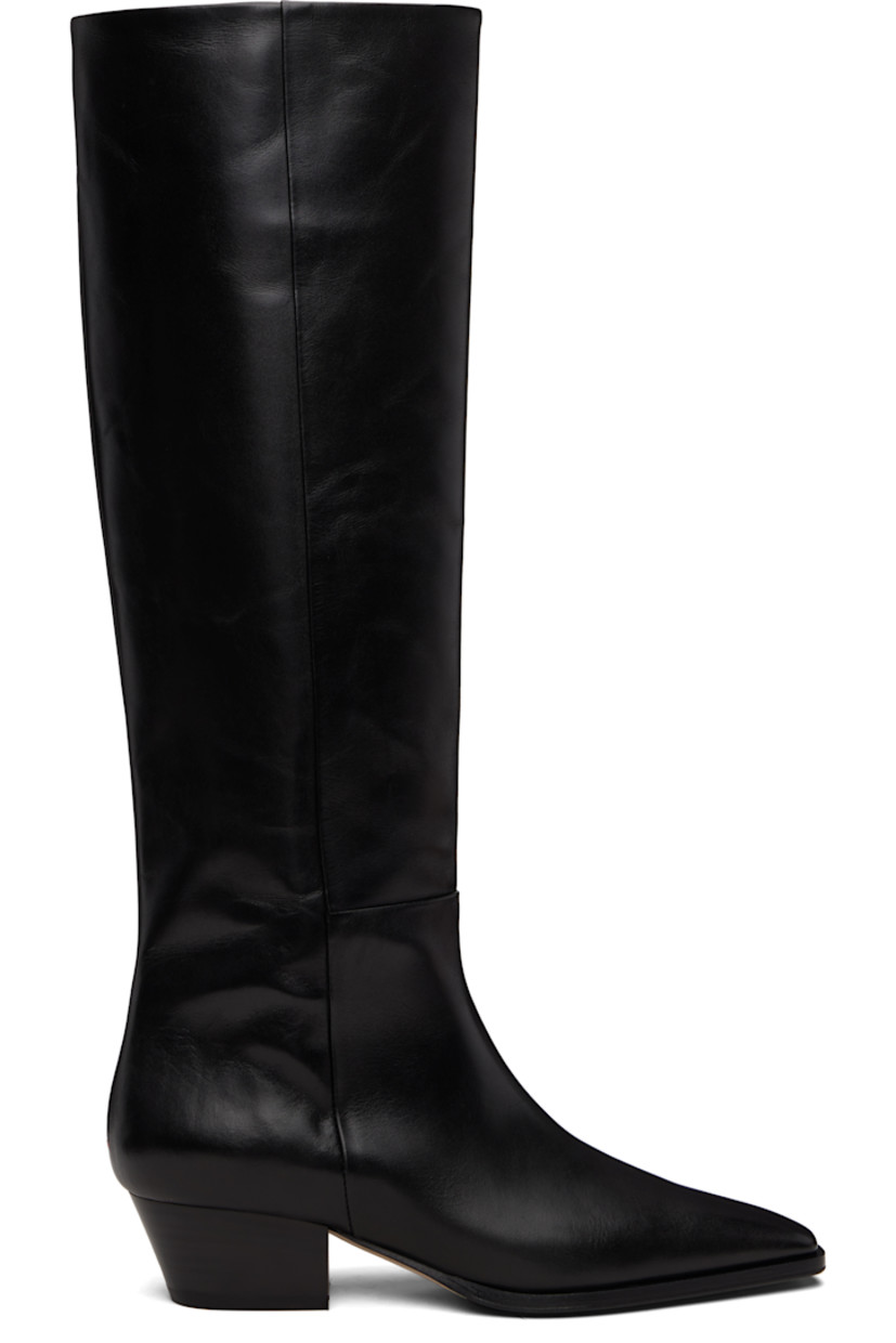 Knee-high buffed calfskin boots.

· Pointed square toe
· Red stitch at heel
· Buffed leather lining
· Stacked leather block heel
· Smooth rubber sole
· Heel: H1.75"

Supplier color: Black