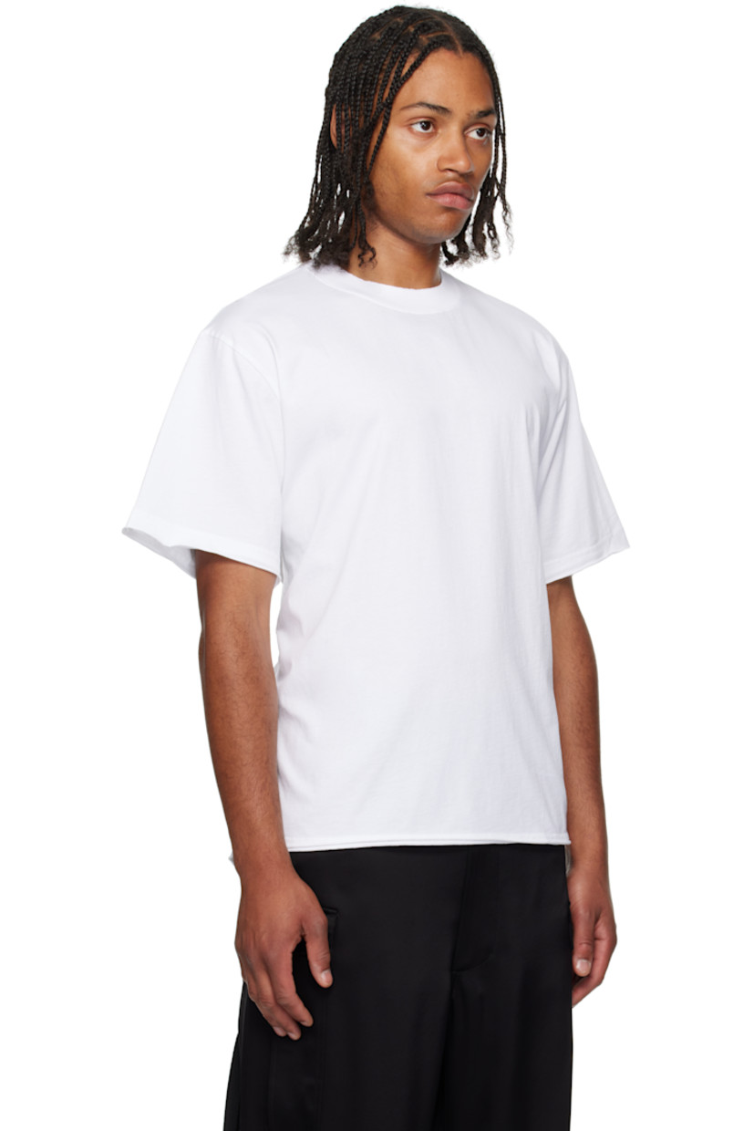 Cotton jersey T-shirt.

· Rib-knit crewneck
· Rolled edge at hems and cuffs
· Embroidered logo at back collar
· Open back with self-tie fastening

Supplier color: White
