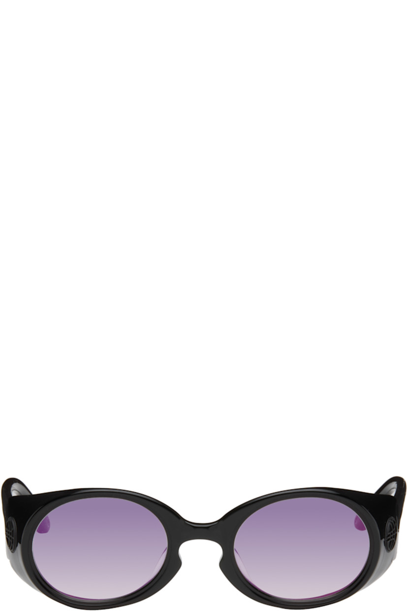 Oval shield-style acetate-frame sunglasses. 

· Pink-to-orange iridescent lenses
· Integrated nose pads
· Keyhole bridge
· Logo at sides
· Stainless steel core at temples
· Eyewear-chain compatible tips
· Pouch and presentation box included

Supplier color: Euphoric Black