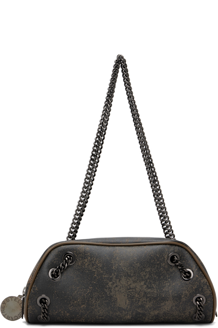 Distressed faux-leather shoulder bag. 

· Piping and fixed chain trim throughout
· Curb chain shoulder straps
· Zip closure
· Patch pocket at interior
· Logo-patterned textile lining
· Black hardware
· H5.5" x W10" x D4.5" 

Made from cruelty-free, non-animal materials.

Supplier color: Mud