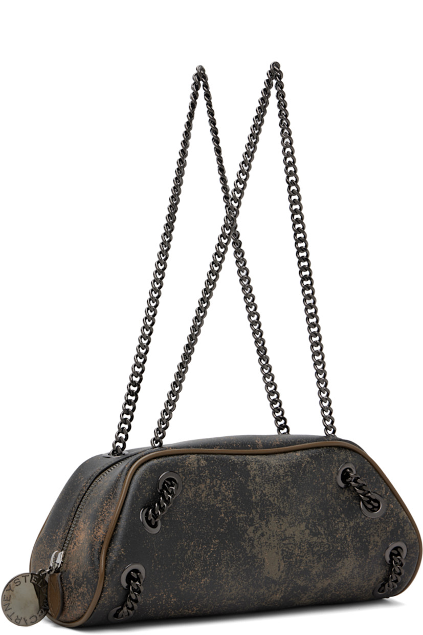 Distressed faux-leather shoulder bag. 

· Piping and fixed chain trim throughout
· Curb chain shoulder straps
· Zip closure
· Patch pocket at interior
· Logo-patterned textile lining
· Black hardware
· H5.5" x W10" x D4.5" 

Made from cruelty-free, non-animal materials.

Supplier color: Mud