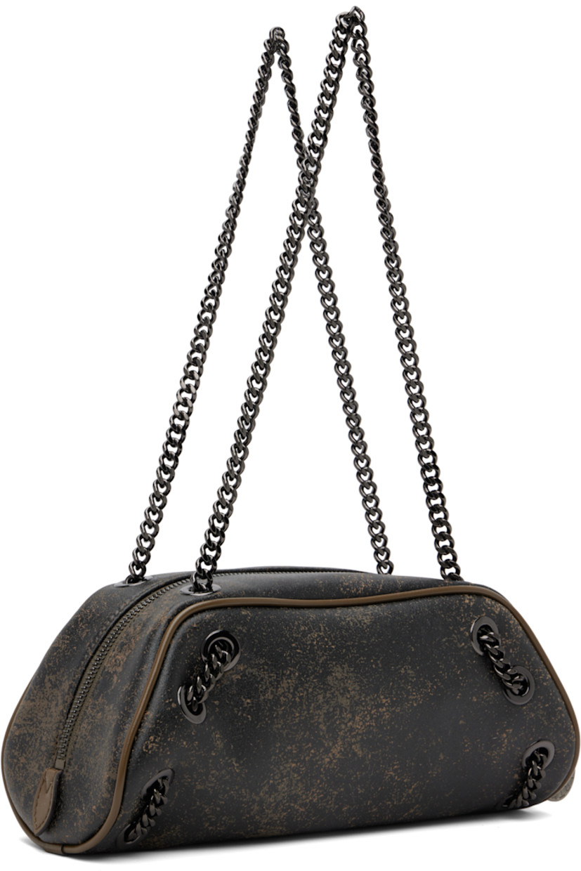 Distressed faux-leather shoulder bag. 

· Piping and fixed chain trim throughout
· Curb chain shoulder straps
· Zip closure
· Patch pocket at interior
· Logo-patterned textile lining
· Black hardware
· H5.5" x W10" x D4.5" 

Made from cruelty-free, non-animal materials.

Supplier color: Mud