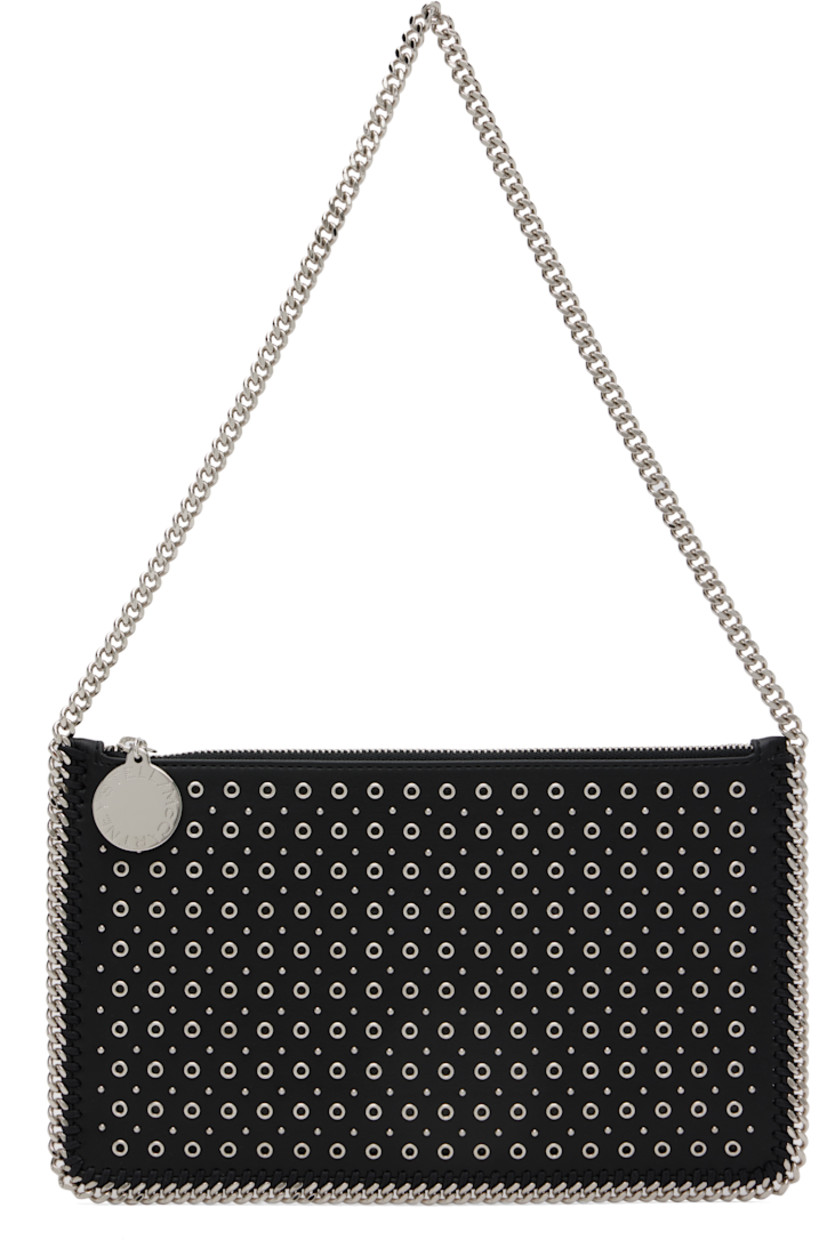Handcrafted buffed faux-leather shoulder bag. Whipstitching, curb chain trim, metal eyelets, and studs throughout.

· Fixed curb chain shoulder strap
· Logo disc at zip closure
· Faux-suede lining
· H6" x W9.5"

Made from cruelty-free, non-animal materials.

Supplier color: Black