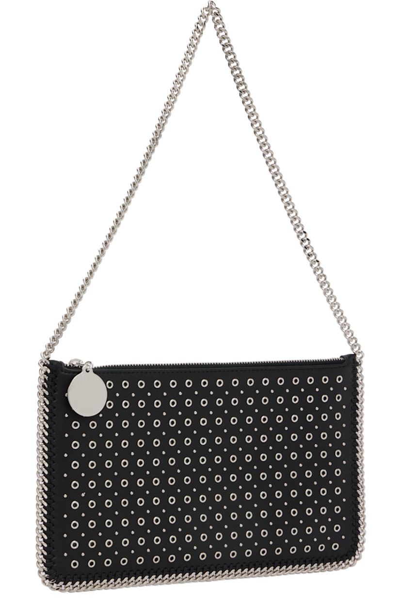 Handcrafted buffed faux-leather shoulder bag. Whipstitching, curb chain trim, metal eyelets, and studs throughout.

· Fixed curb chain shoulder strap
· Logo disc at zip closure
· Faux-suede lining
· H6" x W9.5"

Made from cruelty-free, non-animal materials.

Supplier color: Black