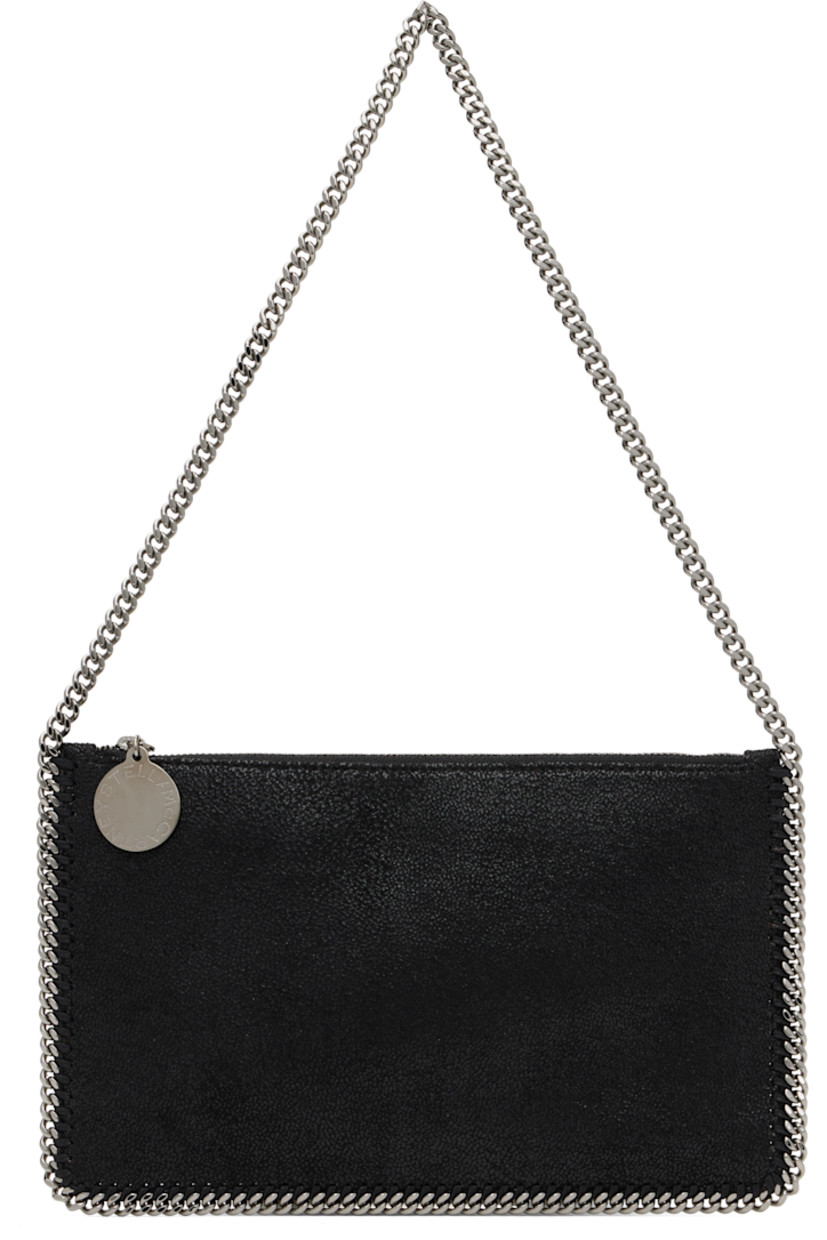 Handcrafted faux-suede shoulder bag in black. GOTS-certified organic cotton whipstitching and curb chain trim throughout.

· Curb chain shoulder strap
· Logo disc at zip closure
· Logo-woven satin lining
· Silver-tone hardware
· H6" x W9.5"

Made from cruelty-free, non-animal materials.

Supplier color: Black