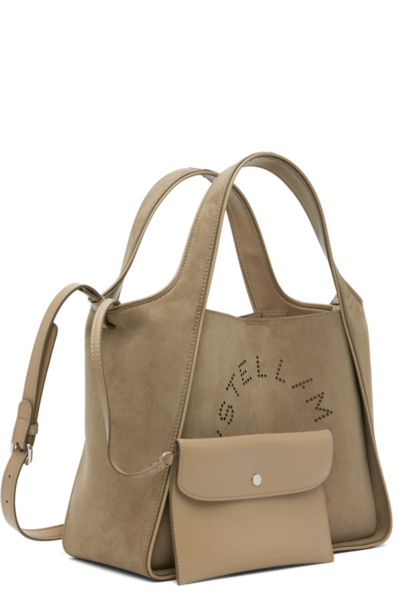 Faux-suede tote. 

· Piping throughout
· Integrated carry handles
· Adjustable and detachable crossbody strap
· Perforated logo at face
· Magnetic press-stud closure
· Detachable pouch-on-lanyard at interior
· Buffed faux-leather interior
· H10" x W12" x D5"

Made from cruelty-free, non-animal materials.

Supplier color: Khaki