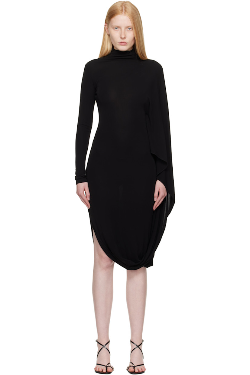 FSC-certified viscose crêpe jersey midi dress. Draping throughout.

· Mock neck
· Asymmetric hem
· Concealed zip closure at back

Made from cruelty-free, non-animal materials.

Supplier color: Black