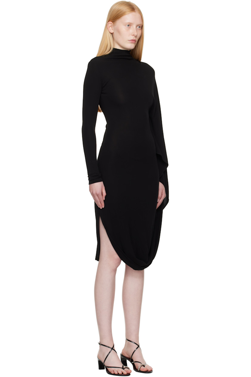 FSC-certified viscose crêpe jersey midi dress. Draping throughout.

· Mock neck
· Asymmetric hem
· Concealed zip closure at back

Made from cruelty-free, non-animal materials.

Supplier color: Black