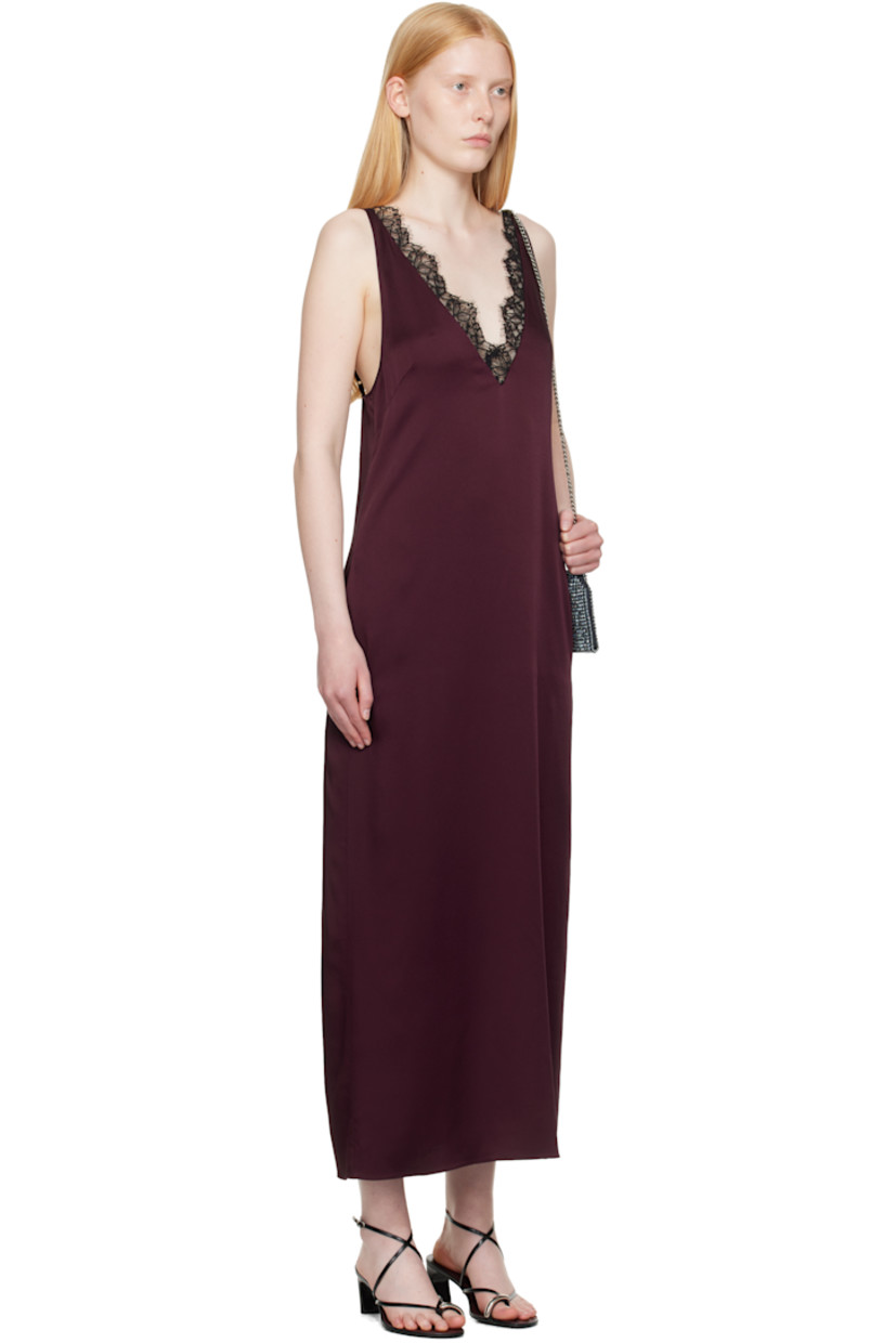 Acetate- and viscose-blend satin maxi dress.

· Floral lace trim at plunging V-neck
· Darts at chest
· Adjustable spaghetti straps 
· Concealed zip closure at low back
· Central slit at back hem
· Unlined

Made from cruelty-free, non-animal materials.

Supplier color: Bordeaux