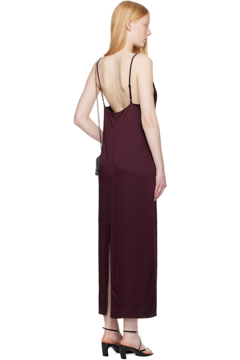 Acetate- and viscose-blend satin maxi dress.

· Floral lace trim at plunging V-neck
· Darts at chest
· Adjustable spaghetti straps 
· Concealed zip closure at low back
· Central slit at back hem
· Unlined

Made from cruelty-free, non-animal materials.

Supplier color: Bordeaux