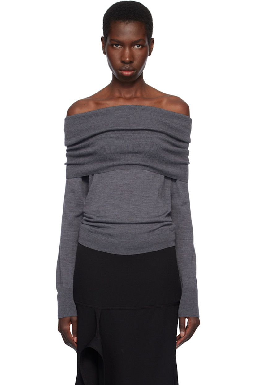 Lightweight knit RWS-certified virgin wool sweater.

· Off-the-shoulder construction
· Rib-knit foldover neck, hem, and cuffs

Made from cruelty-free materials.

Supplier color: Dark grey melange